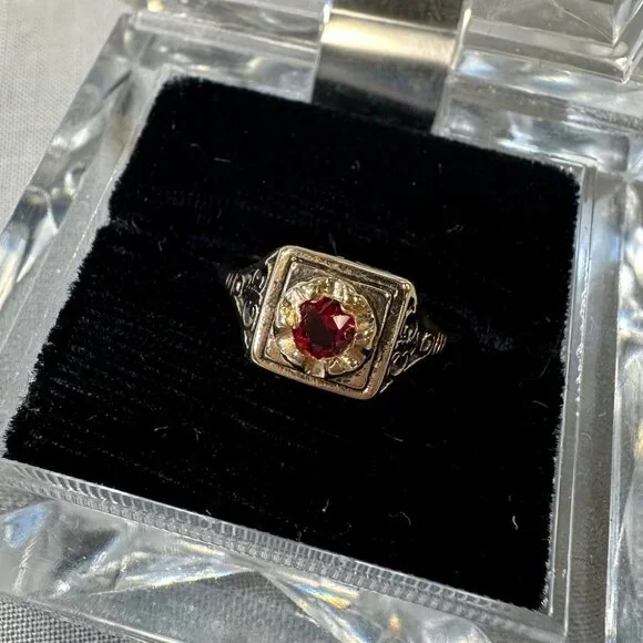 Vintage 14KGF Joseph Esposito Art Decor / Art Nouveau style Ring with Ruby - Picture 14 of 15
